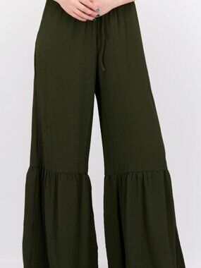 Hurley Textured Wide Wide Leg Dark Olive Green Flowy Pants NWOT S-M Beach Cover